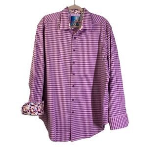 ROBERT GRAHAM Shirt 1X Conlan Classic Fit Contrast Cuffs Point Collar Curved Hem